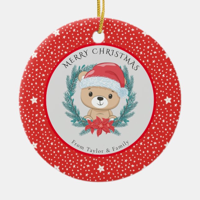 Cute Teddy Bear Red White Stars Merry Christmas  Ceramic Ornament (Front)
