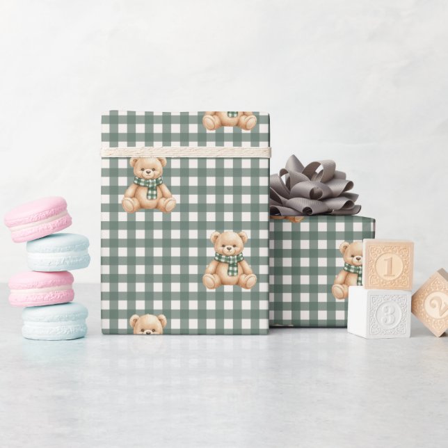 Cute Teddy Bear Rustic Green Plaid Wrapping Paper (Baby Shower)