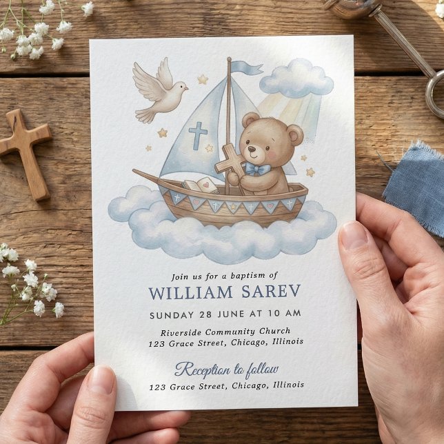 Cute Teddy Bear Sailboat Baptism Invitation Design (Teddy Bear Baptism Invitation with Cross, Boat and Clouds)