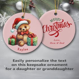 Cute Teddy Bear Santa Hat Kids Ceramic Ornament