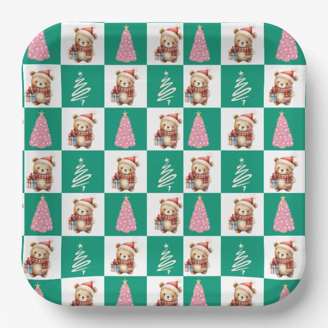 Cute teddy Bear Santa Merry Christmas tree party Paper Plate (Front)