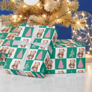 Cute teddy Bear Santa Merry Christmas tree party Wrapping Paper