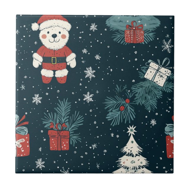 Cute Teddy Bear & Santa on Dark Green (1) Ceramic Tile (Front)