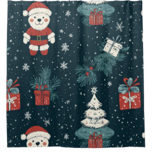 Cute Teddy Bear & Santa on Dark Green (1) Shower Curtain