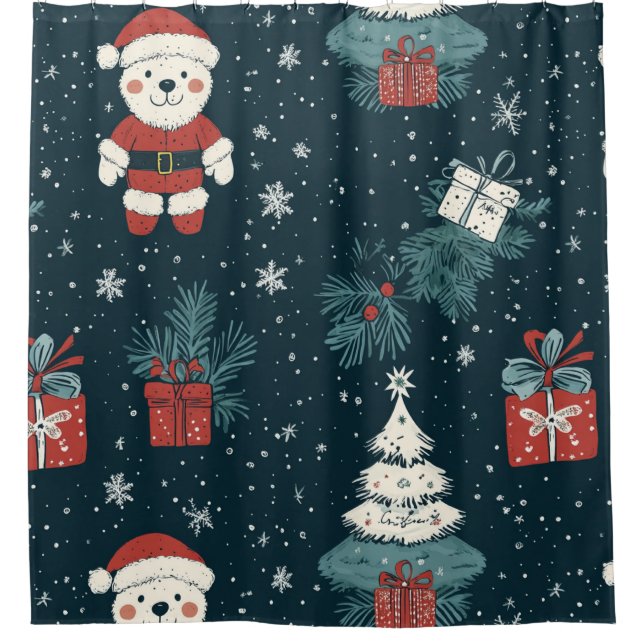 Cute Teddy Bear & Santa on Dark Green (1) Shower Curtain (Front)