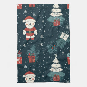 Cute Teddy Bear & Santa on Dark Green (1) Tea Towel