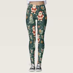 Cute Teddy Bear & Santa on Dark Green (2) Leggings