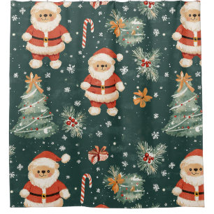 Cute Teddy Bear & Santa on Dark Green (2) Shower Curtain