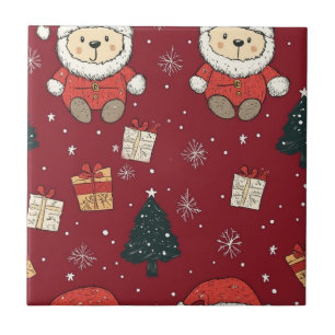Cute Teddy Bear & Santa on Red (1) Ceramic Tile