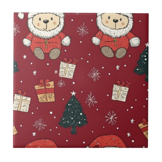 Cute Teddy Bear & Santa on Red (1) Ceramic Tile (Front)