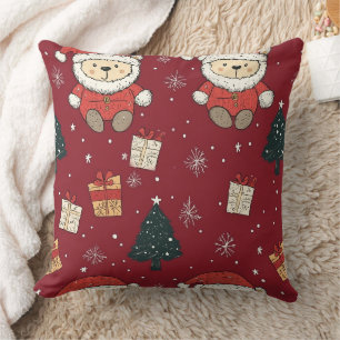 Cute Teddy Bear & Santa on Red (1) Cushion