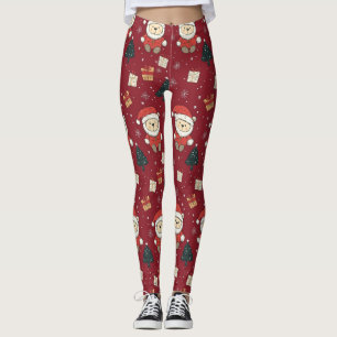 Cute Teddy Bear & Santa on Red (1) Leggings