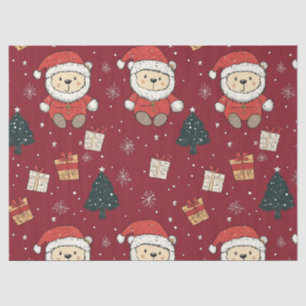 Cute Teddy Bear & Santa on Red (1) Tissue Paper