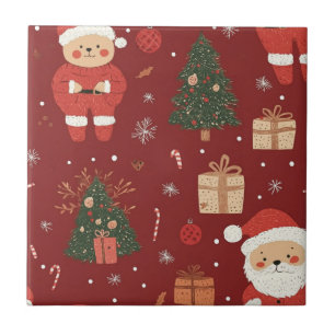 Cute Teddy Bear & Santa on Red (2) Ceramic Tile