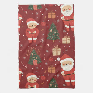 Cute Teddy Bear & Santa on Red (2) Tea Towel