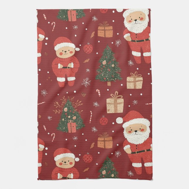 Cute Teddy Bear & Santa on Red (2) Tea Towel (Vertical)