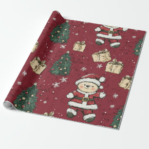Cute Teddy Bear & Santa on Red (3) Wrapping Paper