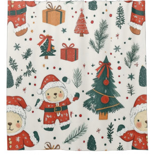 Cute Teddy Bear & Santa on White (1) Shower Curtain