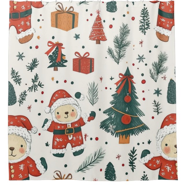 Cute Teddy Bear & Santa on White (1) Shower Curtain (Front)