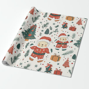 Cute Teddy Bear & Santa on White (1) Wrapping Paper