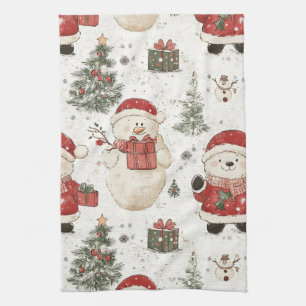 Cute Teddy Bear & Santa on White (2) Tea Towel