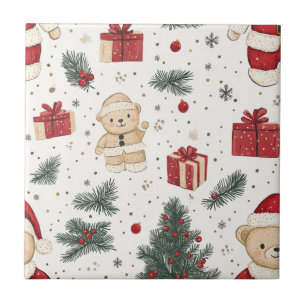 Cute Teddy Bear & Santa on White (3) Ceramic Tile