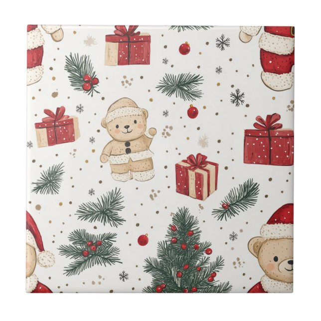 Cute Teddy Bear & Santa on White (3) Ceramic Tile (Front)