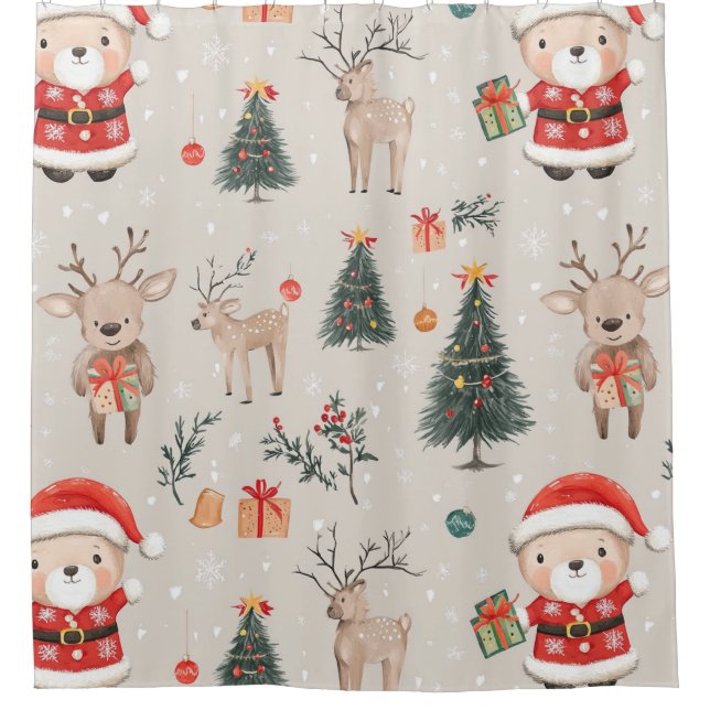 Cute Teddy Bear & Santa on White (5) Shower Curtain (Front)