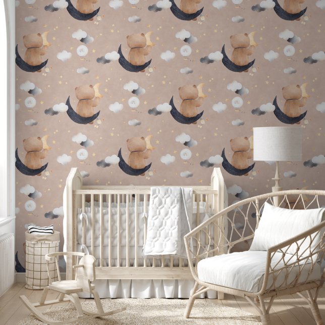 Cute Teddy Bear Sitting On Moon Soft Amber Nursery Wallpaper (Kids)