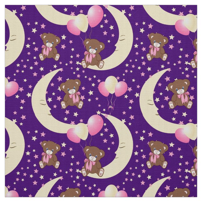 Cute Teddy Bear Sitting on the Moon Pattern Fabric (Swatch)