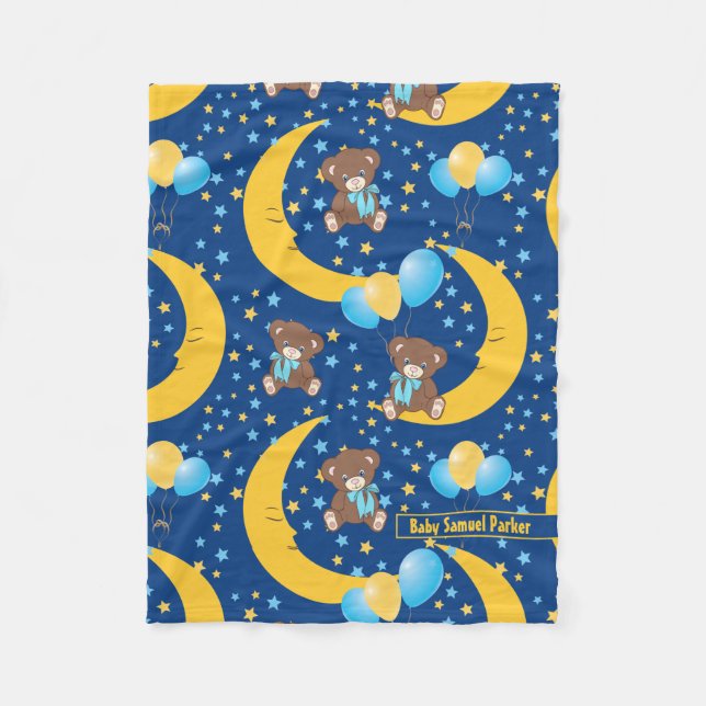 Cute Teddy Bear Sitting on the Moon Pattern Fleece Blanket (Front)