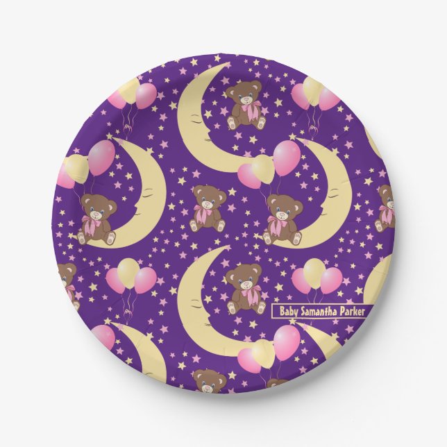 Cute Teddy Bear Sitting on the Moon Pattern Paper Plate (Front)