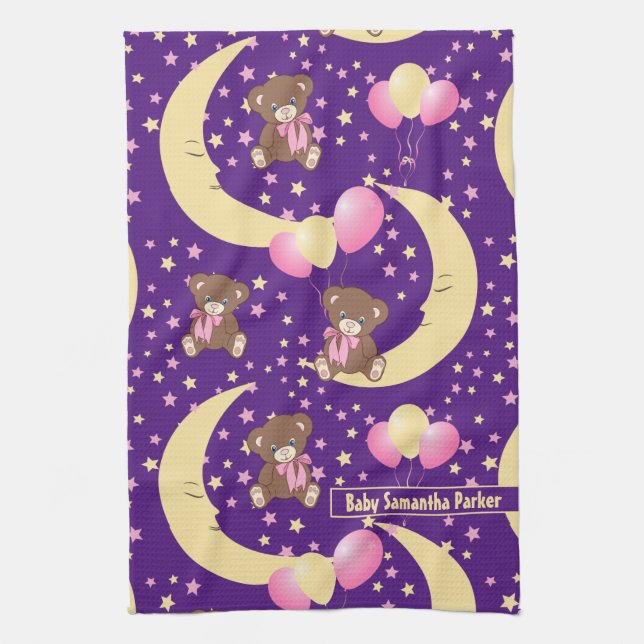 Cute Teddy Bear Sitting on the Moon Pattern Tea Towel (Vertical)
