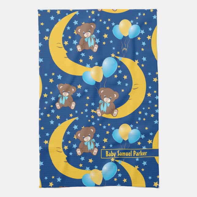Cute Teddy Bear Sitting on the Moon Pattern Tea Towel (Vertical)