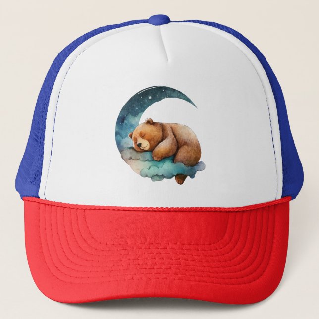 Cute Teddy Bear Sleeping on the Crescent Moon Trucker Hat (Front)