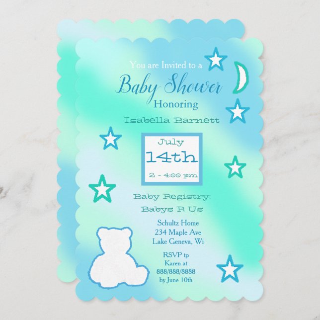 Cute Teddy Bear, Stars and Moon Blue and Green Invitation (Front/Back)