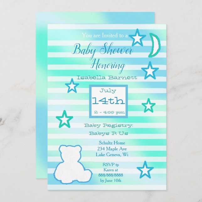 Cute Teddy Bear, Stars and Moon Blue and Green Invitation (Front/Back)