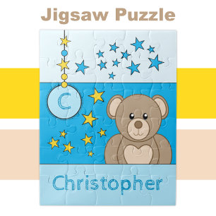 Cute teddy bear stars name blue jigsaw puzzle