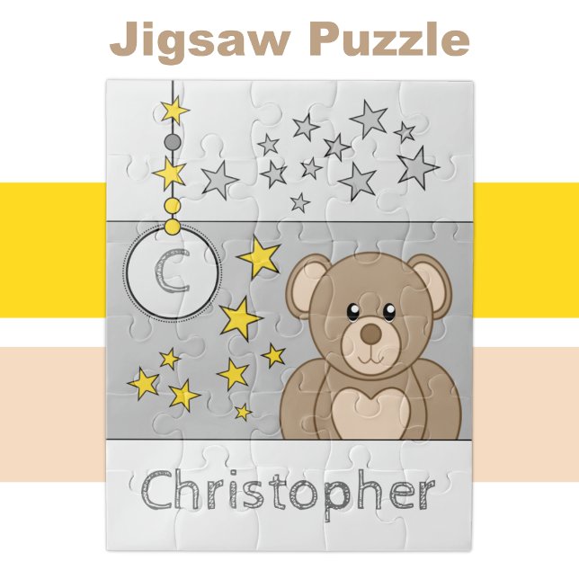 Cute teddy bear stars name grey kids jigsaw puzzle (Creator Uploaded)