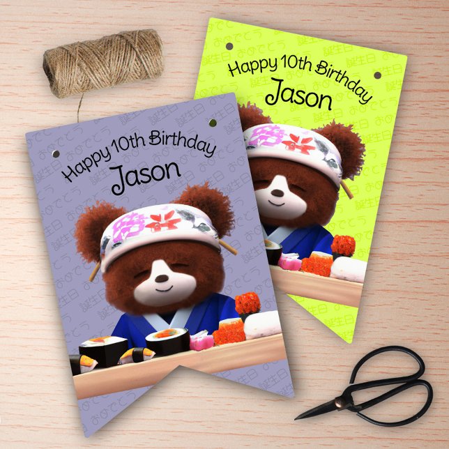 Cute Teddy Bear Sushi Chef Birthday Party Bunting (Cute Teddy Bear Sushi Chef Birthday Party Bunting Flags Cover Photo.)