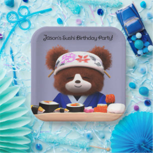 Cute Teddy Bear Sushi Chef Birthday Party Paper Plate
