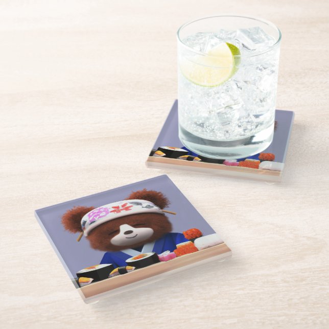 Cute Teddy Bear Sushi Chef Glass Coaster (Angled)