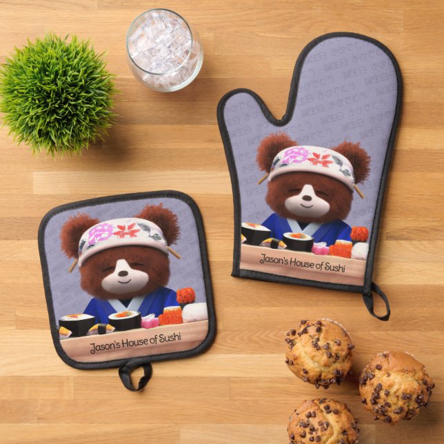 Cute Teddy Bear Sushi Chef Oven Mitt & Pot Holder Set (Top Down)
