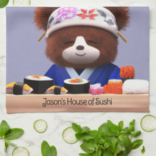 Cute Teddy Bear Sushi Chef Tea Towel