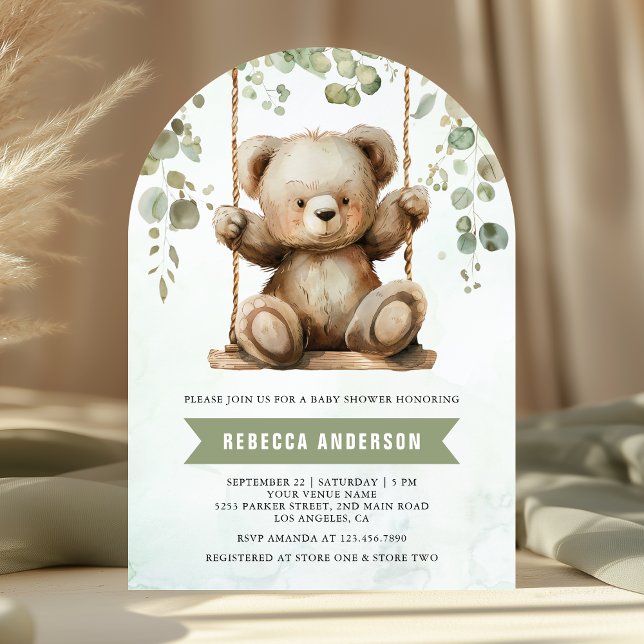 Cute Teddy Bear Swing Eucalyptus Arch Baby Shower Invitation (Creator Uploaded)