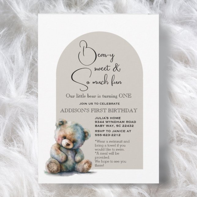 Cute Teddy Bear Theme Watercolor First Birthday Invitation (Creator Uploaded)