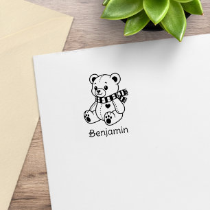 Cute Teddy Bear Toy with Scarf Custom Name Rubber Stamp