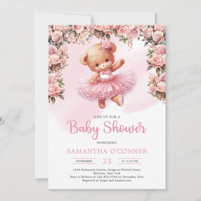 Cute teddy bear tutu ballerina with blush roses invitation (Front)
