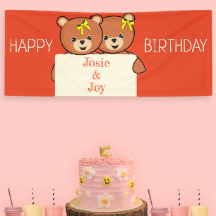 Cute Teddy Bear Twins Birthday Party Banner
