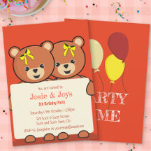 Cute Teddy Bear Twins or Siblings Birthday Party